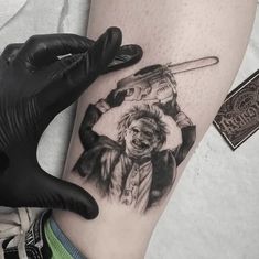 Horror Tattoo Filler, Haunted Tattoo Ideas, Mens Halloween Tattoos, Post Apocalyptic Tattoo, Conjuring Tattoo, Halloween Tattoo Sleeve, Saw Movie Tattoo Ideas, Leather Face Tattoo, Leatherface Tattoo Ideas