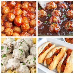 four different pictures with meatballs and pasta in them