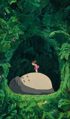 a cartoon character standing on top of a rock in the middle of a forest filled with green plants