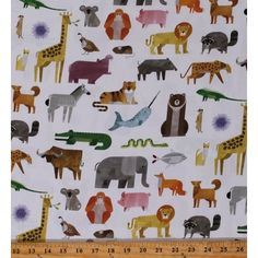 an animal print on white fabric with various types of animals and giraffes