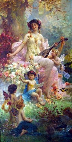 an image of a painting of some people in the grass with flowers and butterflies around them