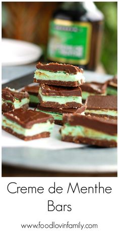 chocolate and marshmallows are stacked on top of each other with the words creme de menthe bars