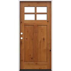 a wooden door with glass panels on the top and bottom panel, against a white background