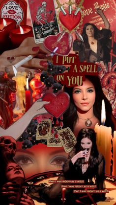 an image of a woman surrounded by valentine's day cards and candles with the caption i put a spell on you