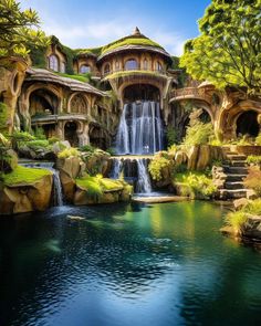 a waterfall in the middle of a pool surrounded by lush green trees and bushes, next to a large building