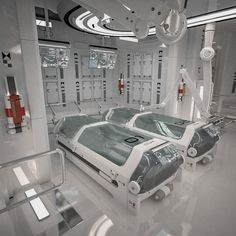 a futuristic hospital room with beds and medical equipment