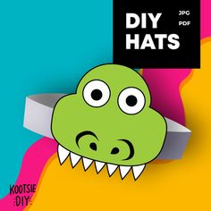 an image of a green dinosaur with the words diy hats on it's head