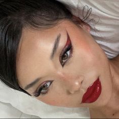 Red Make Up Looks For Prom, Red Makeup Looks Aesthetic, Red Rhinestone Makeup, Blood Makeup Look, Red Glam Makeup, Red Eye Makeup Looks, Valentines Eye Makeup, Red Prom Makeup, Red Eye Look