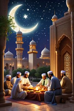 three men sitting at a table in front of a mosque with the moon and stars above them