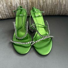 Brand New Green Studded Heels Size 38. Fits A 7.5 Perfectly. Has A Little Brush That’s Barely Notice (Please See Last Pic) Zara Green Pointed Toe Heels, Zara Green Heels For Evening, Zara Green High Heels, Zara Green Heels, Zara Green Evening Sandals, Studded Heels, Zara Shoes, New Green, Shoe Brands