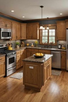 a kitchen with wooden cabinets and stainless steel appliances, including an island in the middle