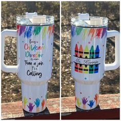 two pictures of the same cup with hand prints on it, one is white and the other is multicolored