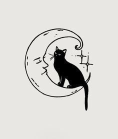 a black cat sitting on top of a crescent with the moon in the sky behind it