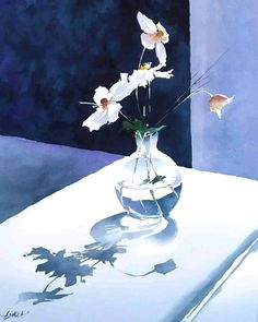 a painting of flowers in a glass vase on a table with shadows from the window