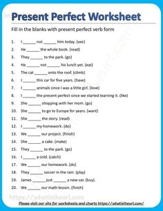 the present perfect worksheet is shown in blue and white with words on it