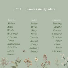 the names of flowers are shown in green and white letters on a light green background