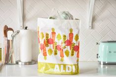 a grocery bag sitting on top of a counter