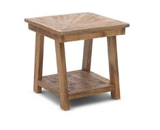 a small wooden table sitting on top of a white floor