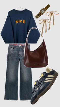 an outfit with jeans, sneakers and a handbag is shown in the image above