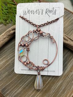 "Sale/Crystal Moon and Copper Wire Wrapped  Celestial Jewelry Ready to Ship, Fast n Free USA Shipping, Inspirational  🌜I've hand woven bare copper wire into a fanciful copper wire wrapped moon with a Aurora borealis Czech glass drop🌛 Top quality antique copper chain adjusts from 18\" to 20\" Free shipping within the USA 🇺🇸  a gift to be cherished always... I take great care in designing each piece of my jewelry, paying close attention to the smallest of details until each is piece is tiny wo Wire Wrapped Gnome, Beaded Suncatchers, Wrapped Crystal Point, Wire Butterfly, Wire Wrapped Moon, Antler Crafts, Copper Wire Art, Wire Wrap Necklace, Necklace Inspiration