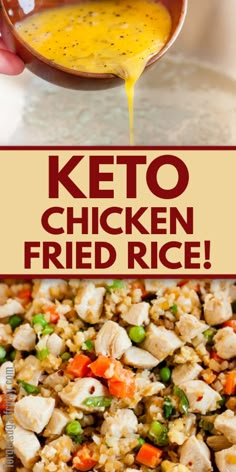 chicken fried rice is being drizzled with sauce on top and the words keto chicken fried rice above it