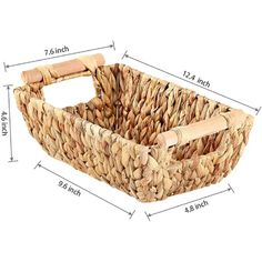 the measurements for a basket that is made out of wood and woven with bamboo handles