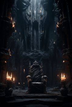 a throne in the middle of a dark room with candles