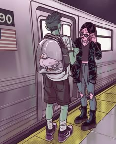 two people standing next to each other on a subway platform, one with a backpack