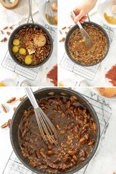 the process to make pecans in a skillet is shown with two pictures showing how to mix them together