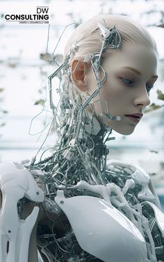 a woman's head is covered in wires and metal parts as she looks at the camera