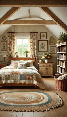 a bedroom with a bed, bookshelf and rug in the middle of it