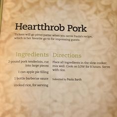 a menu listing the ingredients for heartthrob pork