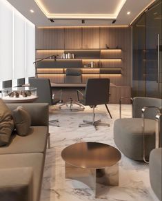 a living room filled with lots of furniture next to a wall mounted book shelf and desk