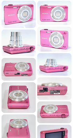 the pink camera has many different angles to it's front and side view mirror