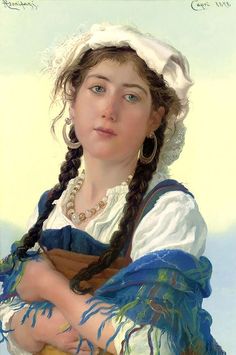 a painting of a woman with braids and a blue dress holding a yellow object