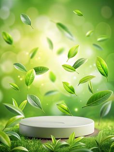 an image of a green background with leaves falling from the sky and a round object in the foreground