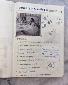 an open book with pictures and writing on it that says january's playlist