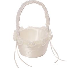 a white basket with flowers and ribbons on the side, sitting in front of a white background