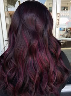 Red Violet Balayage Brunette, Black And Wine Red Hair, Burgundy Wine Highlights, Violet Red Hair Color With Highlights, Dimensional Burgundy Hair, Black Red Balayage, Red Tinted Black Hair, Dark Hair With Red Balayage, Dark Burgundy Hair With Highlights