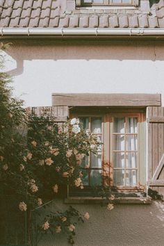 an open window on the side of a building with flowers growing out of it's windows