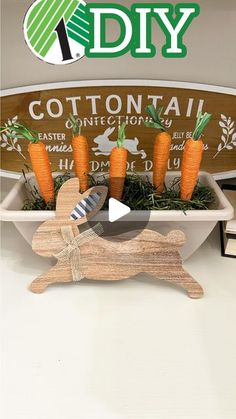 carrots are arranged in a bowl with a wooden sign behind them that says diy