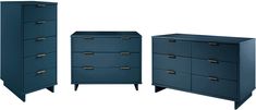 three blue dressers with gold handles on each side and one in the same color