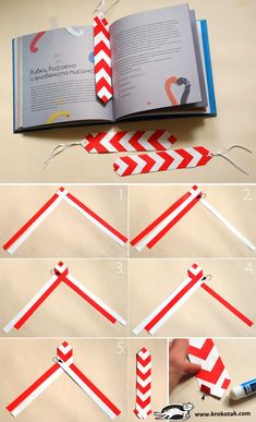 the instructions to make an origami bookmark with strips of red and white paper