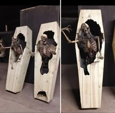 two pictures of a skeleton in a wooden boat