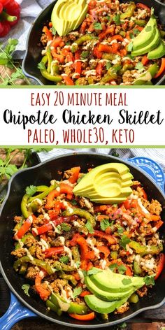 two pictures of chicken skillet with avocado, peppers and tomatoes in it