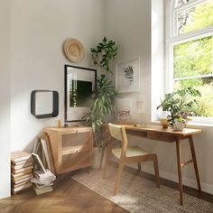 a room with a desk, chair and potted plant next to a large window