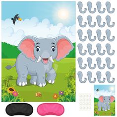 an elephant is standing in the grass and surrounded by magnets to make it look like he's having fun