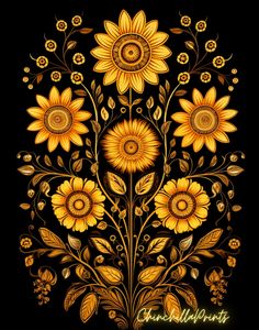 sunflowers with leaves and flowers on a black background