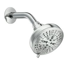 an overhead shower head with the arm extended