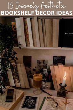 a desk with books and candles on it